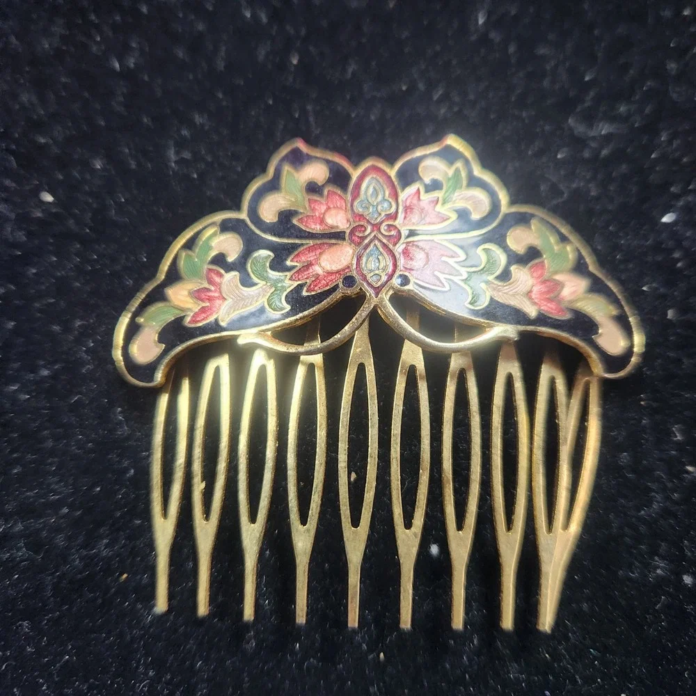 Vintage Cloisonne Enamel Butterfly Hair Comb Gold Tone Pink Green Floral 2.5